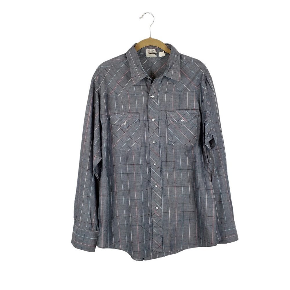 Vintage Lee Pearl Snap Shirt Western Gray Plaid Lightweight Mens Size XL